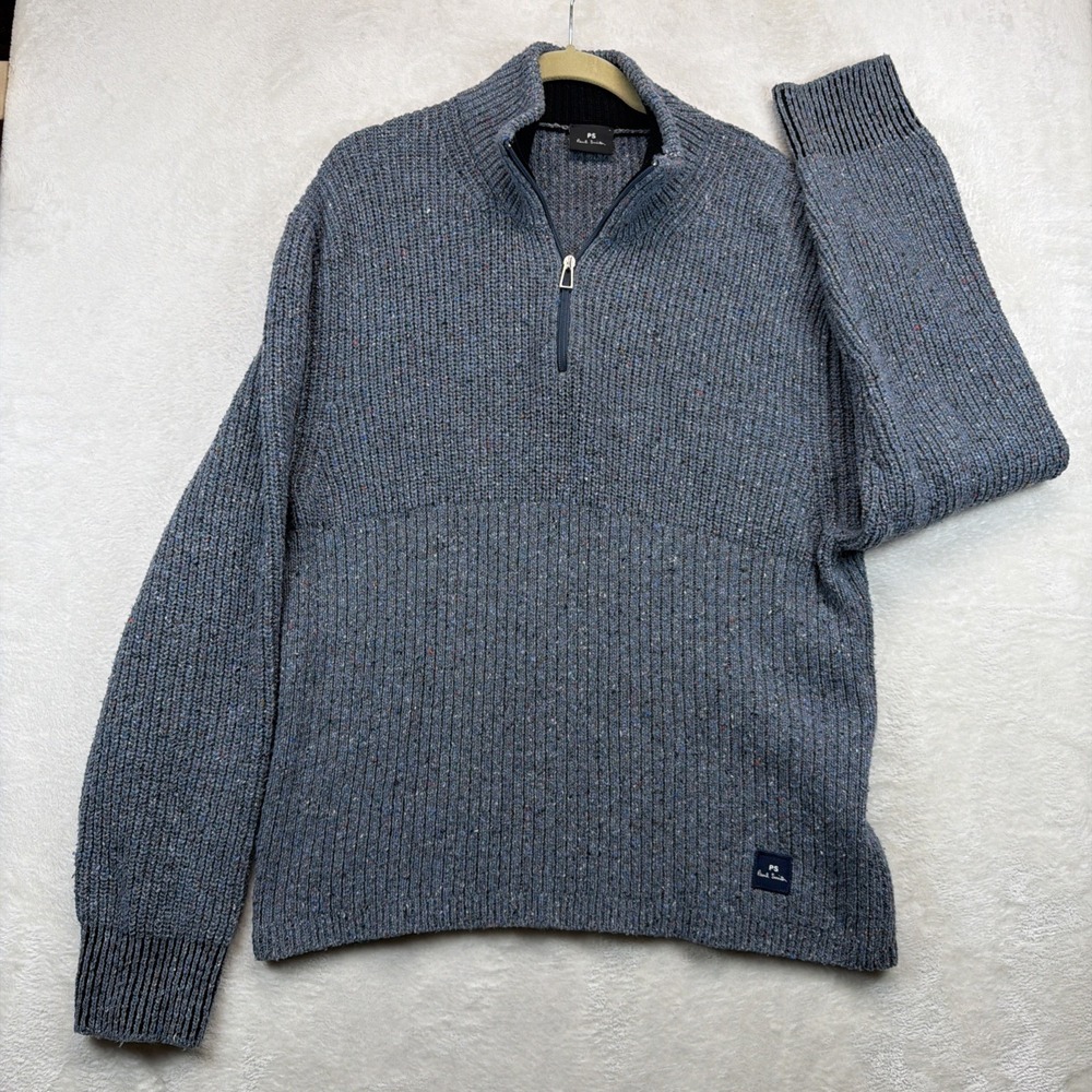 PS Paul Smith Wool Blend Quarter Zip Sweater Men's Large Blue Fleck Knit